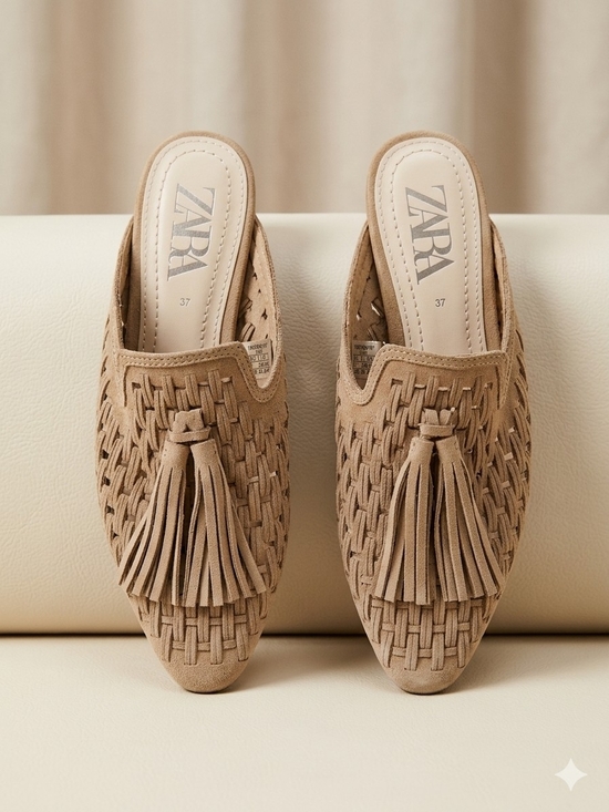 Zara Shoes - ZARA Tan Woven Tassel Slip-On Mules